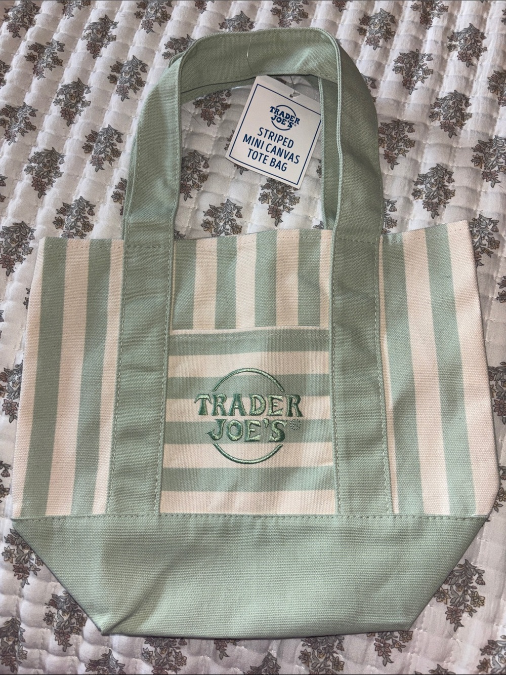 Trader Joe’s striped mini canvas tote bag in green